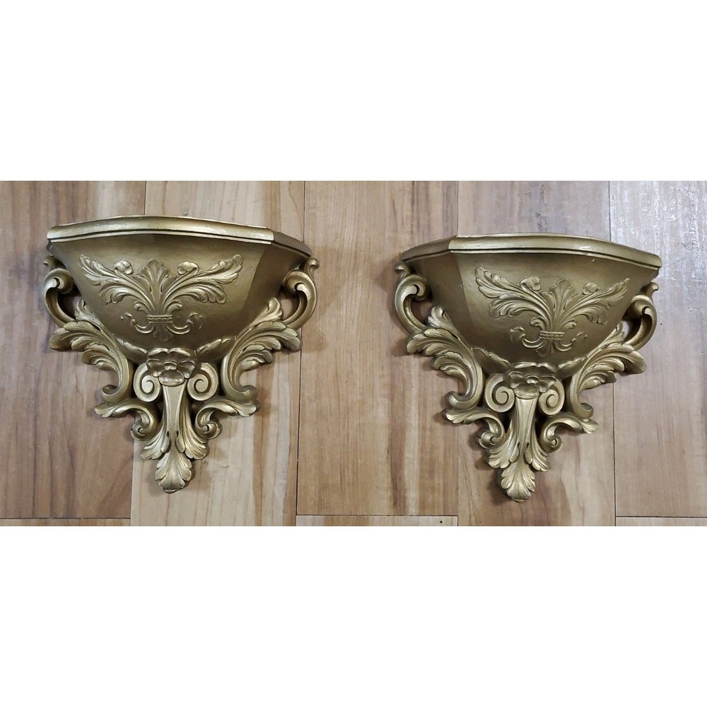 2 HOMCO Syroco Gold Wall Pocket Vase Planter #6050 Flower Vintage Regency 1970s